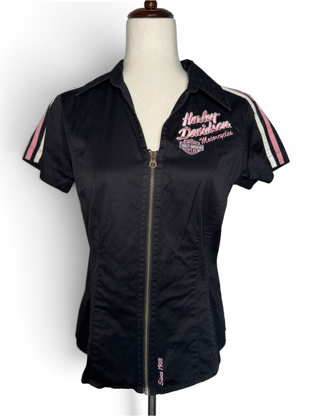 Harley-Davidson Black Short-Sleeve Zip Front Shirt with Pink Accents